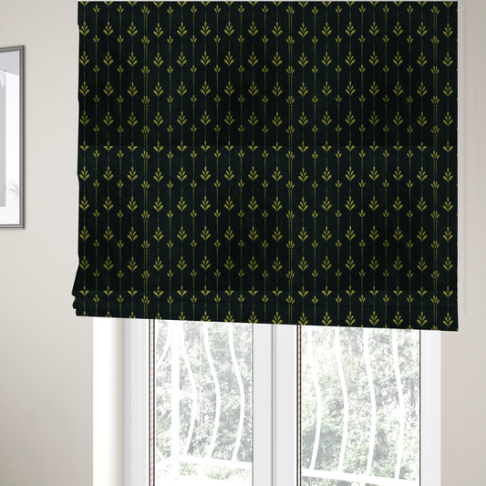 The fabric used to create these Roman blinds is a dark green fabric featuring a repeating vertical pattern of chartreuse botanical motifs and dotted lines.   