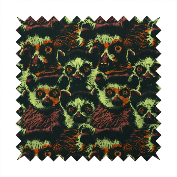 Fabric pattern featuring a repeating, illustrated design of lemur faces in lime green, orange, and dark brown.   
