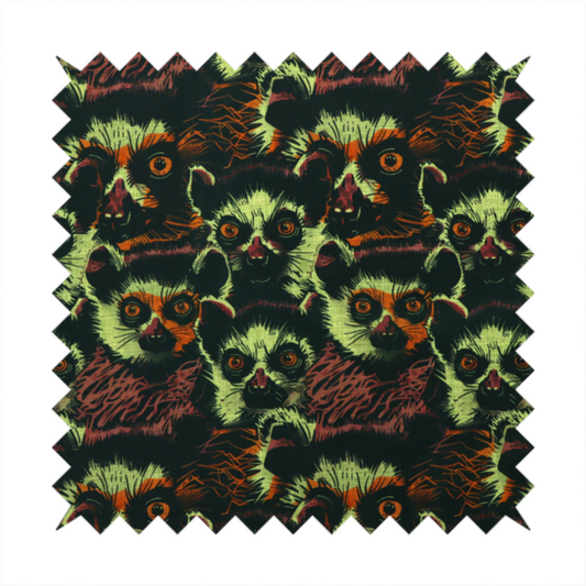 Fabric pattern featuring a repeating, illustrated design of lemur faces in lime green, orange, and dark brown.   