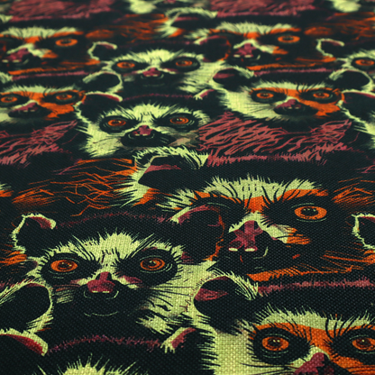 Fabric pattern featuring a repeating, illustrated design of lemur faces in lime green, orange, and dark brown.   