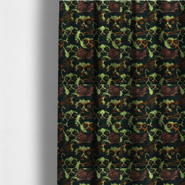The fabric used to create these made-to-measure curtains is a fabric pattern featuring a repeating, illustrated design of lemur faces in lime green, orange, and dark brown.   