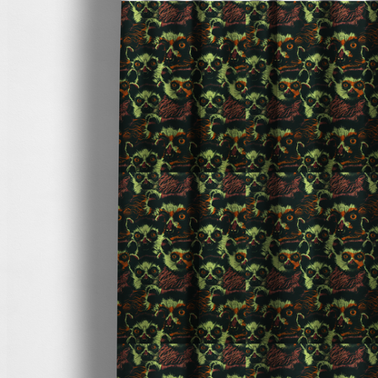 The fabric used to create these made-to-measure curtains is a fabric pattern featuring a repeating, illustrated design of lemur faces in lime green, orange, and dark brown.   