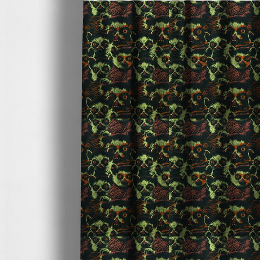 The fabric used to create these made-to-measure curtains is a fabric pattern featuring a repeating, illustrated design of lemur faces in lime green, orange, and dark brown.   