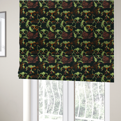 The fabric used to create these Roman blinds is a fabric pattern featuring a repeating, illustrated design of lemur faces in lime green, orange, and dark brown.   