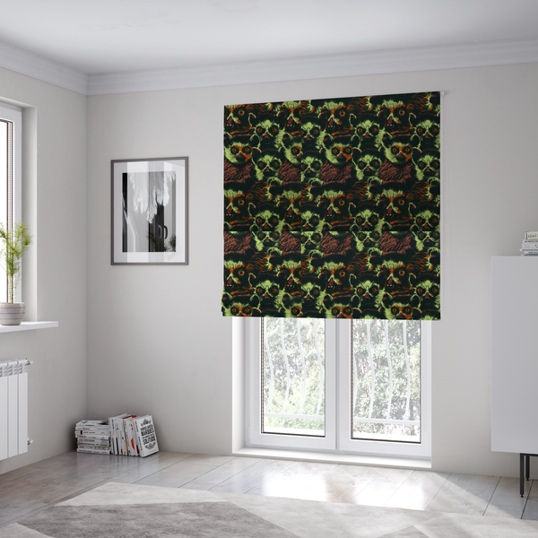 The fabric used to create these Roman blinds is a fabric pattern featuring a repeating, illustrated design of lemur faces in lime green, orange, and dark brown.   