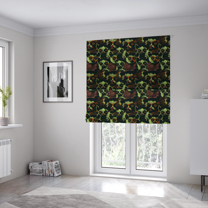 The fabric used to create these Roman blinds is a fabric pattern featuring a repeating, illustrated design of lemur faces in lime green, orange, and dark brown.   