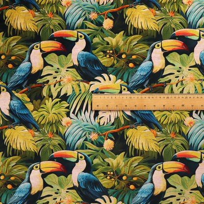 Tropical fabric featuring a repeating pattern of blue toucans perched among lush monstera leaves, palm fronds, and yellow flowers.   