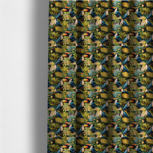 The fabric used to create these made-to-measure curtains is a tropical fabric featuring a repeating pattern of blue toucans perched among lush monstera leaves, palm fronds, and yellow flowers.   