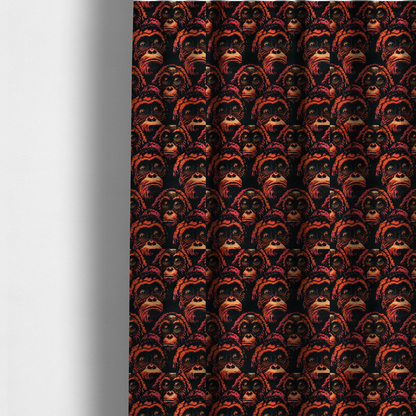 The fabric used to create these made-to-measure curtains is a fabric pattern featuring a repeating graphic illustration of orangutan faces in orange, peach, and reddish-pink tones against a dark black background.   