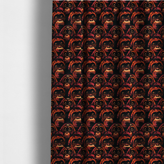 The fabric used to create these made-to-measure curtains is a fabric pattern featuring a repeating graphic illustration of orangutan faces in orange, peach, and reddish-pink tones against a dark black background.   