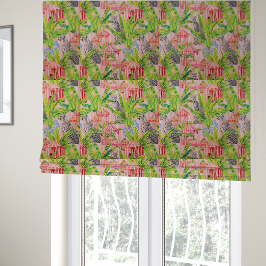 The fabric used to create these Roman blinds is a pink striped fabric with a repeating pattern of seated cheetahs, tropical banana palm leaves, pink striped pavilions, birdcages, and blue porcelain ginger jars.   