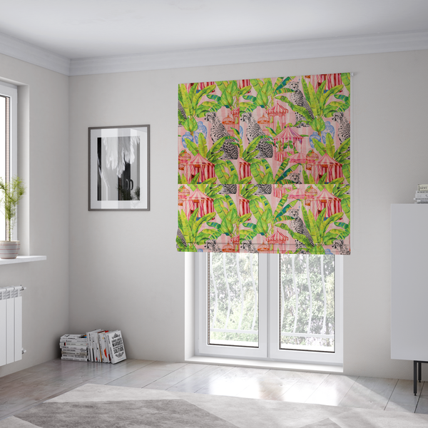 The fabric used to create these Roman blinds is a pink striped fabric with a repeating pattern of seated cheetahs, tropical banana palm leaves, pink striped pavilions, birdcages, and blue porcelain ginger jars.   