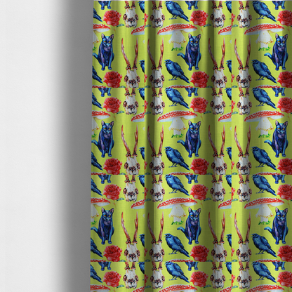 The fabric used to create these made-to-measure curtains is a chartreuse green fabric featuring a repeating pattern of black cats, blue ravens, red roses, horned animal skulls, and red fly agaric mushrooms.   