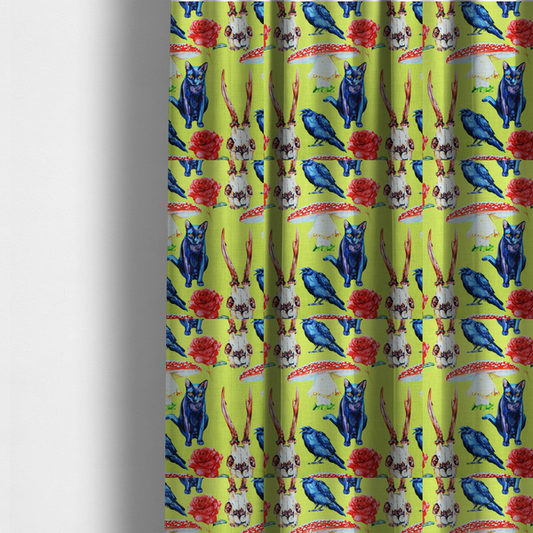 The fabric used to create these made-to-measure curtains is a chartreuse green fabric featuring a repeating pattern of black cats, blue ravens, red roses, horned animal skulls, and red fly agaric mushrooms.   