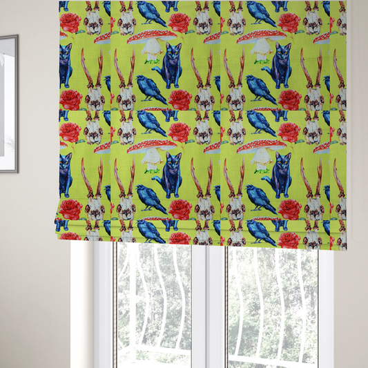 The fabric used to create these Roman blinds is a chartreuse green fabric featuring a repeating pattern of black cats, blue ravens, red roses, horned animal skulls, and red fly agaric mushrooms.   