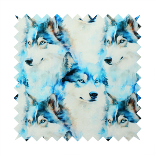 Light fabric featuring a repeating watercolour pattern of husky or wolf portraits in shades of ice blue, teal, navy, and white.   