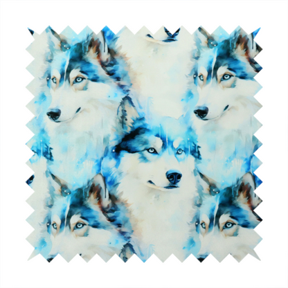 Light fabric featuring a repeating watercolour pattern of husky or wolf portraits in shades of ice blue, teal, navy, and white.   