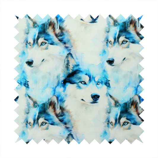 Light fabric featuring a repeating watercolour pattern of husky or wolf portraits in shades of ice blue, teal, navy, and white.   
