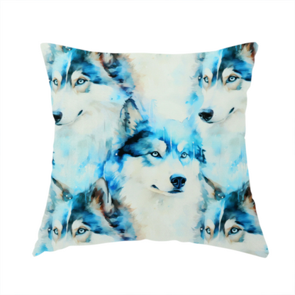 The fabric used to create this handmade cushion is a light fabric featuring a repeating watercolour pattern of husky or wolf portraits in shades of ice blue, teal, navy, and white.   