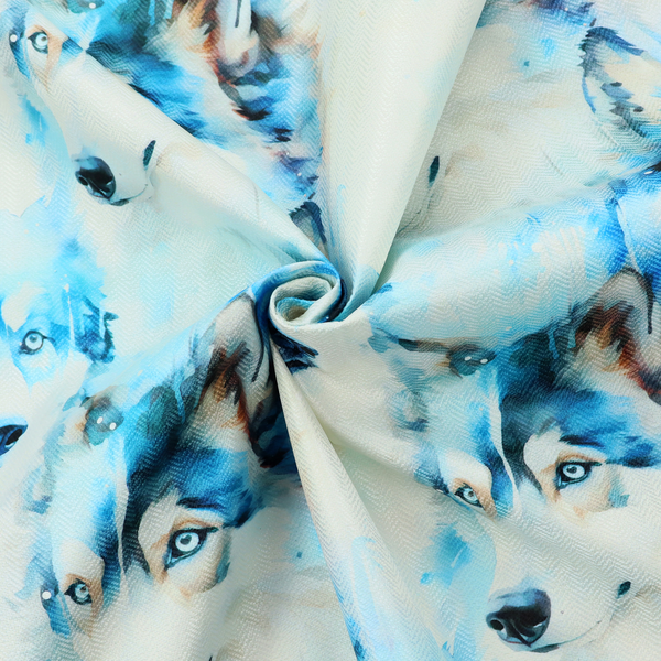 Light fabric featuring a repeating watercolour pattern of husky or wolf portraits in shades of ice blue, teal, navy, and white.   
