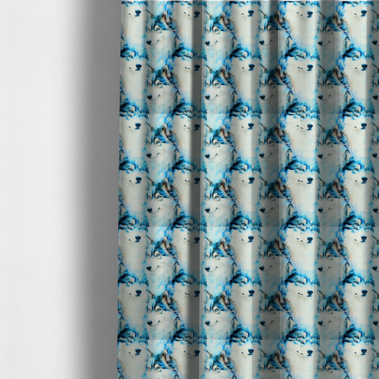 The fabric used to create these made-to-measure curtains is a light fabric featuring a repeating watercolour pattern of husky or wolf portraits in shades of ice blue, teal, navy, and white.   