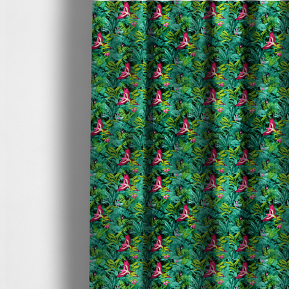 The fabric used to create these made-to-measure curtains is a tropical fabric featuring vibrant magenta parrots in flight surrounded by lush green palm fronds, banana leaves, and pink tropical flowers.   