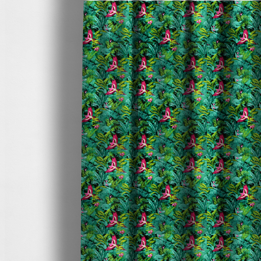 The fabric used to create these made-to-measure curtains is a tropical fabric featuring vibrant magenta parrots in flight surrounded by lush green palm fronds, banana leaves, and pink tropical flowers.   