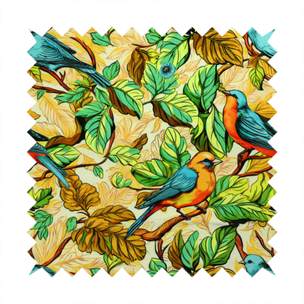 Vibrant fabric featuring a repeating pattern of blue and orange songbirds perched among green, mustard yellow, and golden foliage on branches.