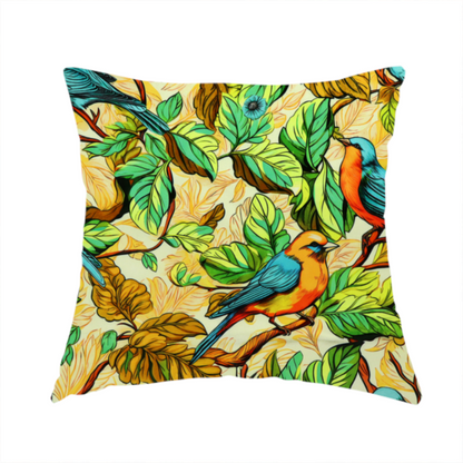 the fabric used to create this handmade cushion is a vibrant fabric featuring a repeating pattern of blue and orange songbirds perched among green, mustard yellow, and golden foliage on branches.