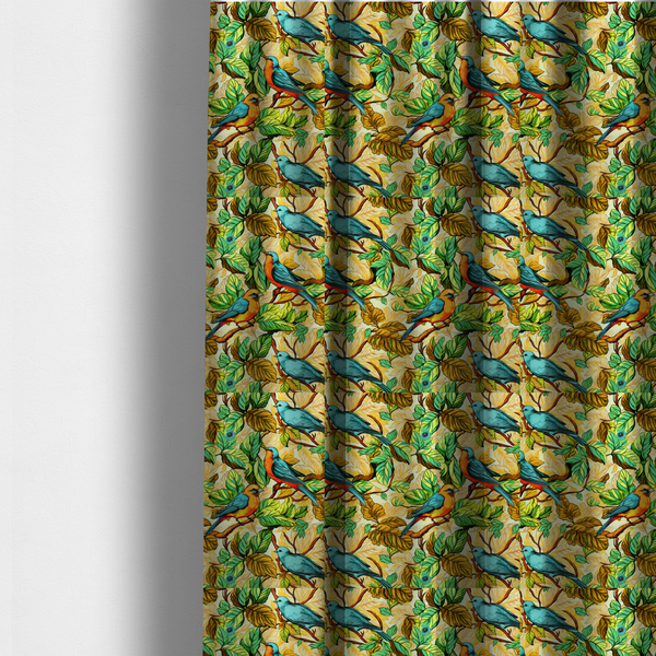 The fabric used to create these made-to-measure curtains is a vibrant fabric featuring a repeating pattern of blue and orange songbirds perched among green, mustard yellow, and golden foliage on branches.
