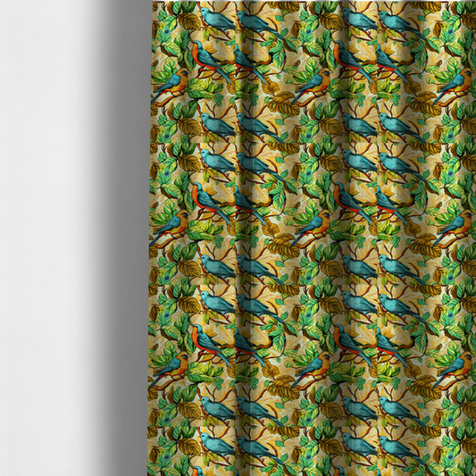The fabric used to create these made-to-measure curtains is a vibrant fabric featuring a repeating pattern of blue and orange songbirds perched among green, mustard yellow, and golden foliage on branches.