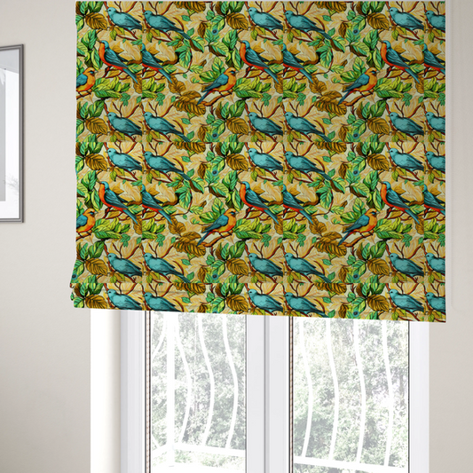 The fabric used to create these Roman blinds is a vibrant fabric featuring a repeating pattern of blue and orange songbirds perched among green, mustard yellow, and golden foliage on branches.