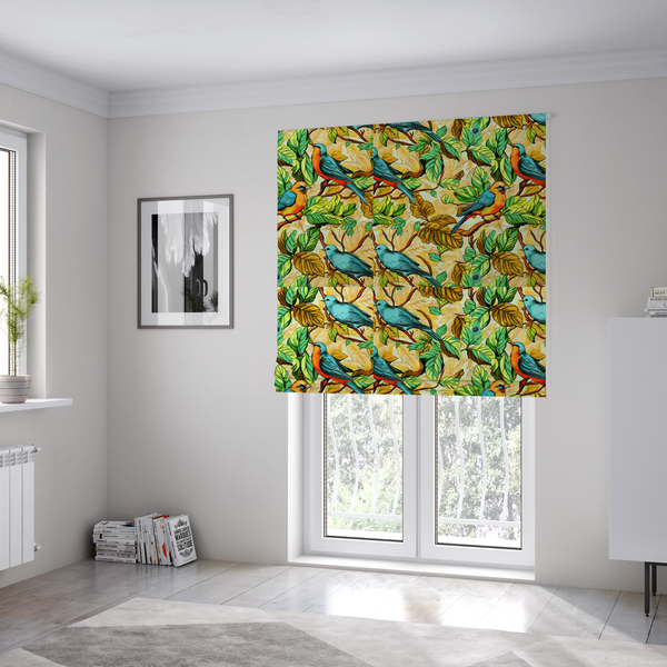 The fabric used to create these Roman blinds is a vibrant fabric featuring a repeating pattern of blue and orange songbirds perched among green, mustard yellow, and golden foliage on branches.