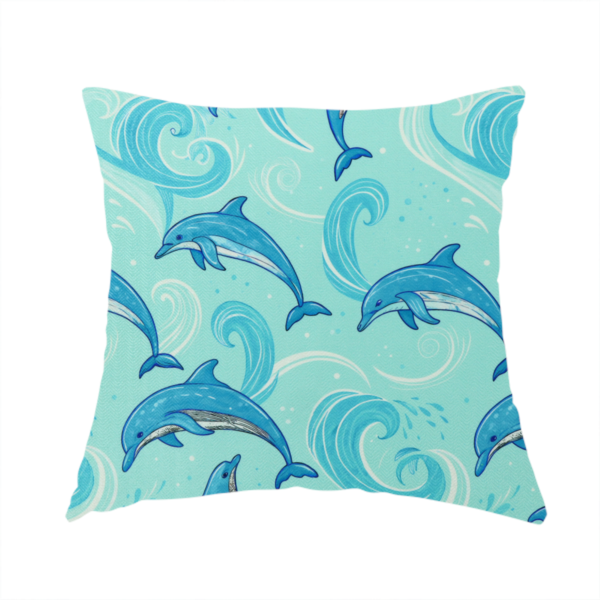 The fabric used to create this handmade cushion is an aqua blue fabric with a repeating pattern of playful blue dolphins leaping through swirling white ocean waves and water splashes.   