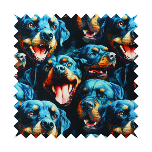 Fabric pattern featuring a repeating, artistic illustration of smiling Rottweiler dog portraits with vibrant blue fur, tan markings, and open mouths with tongues out.   