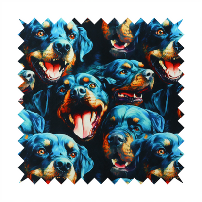 Fabric pattern featuring a repeating, artistic illustration of smiling Rottweiler dog portraits with vibrant blue fur, tan markings, and open mouths with tongues out.   