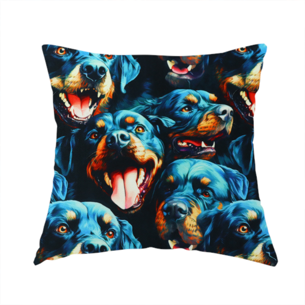 The fabric used to create this handmade cushion is a fabric pattern featuring a repeating, artistic illustration of smiling Rottweiler dog portraits with vibrant blue fur, tan markings, and open mouths with tongues out.   