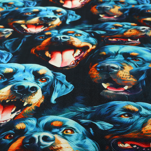 Fabric pattern featuring a repeating, artistic illustration of smiling Rottweiler dog portraits with vibrant blue fur, tan markings, and open mouths with tongues out.   