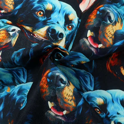 Fabric pattern featuring a repeating, artistic illustration of smiling Rottweiler dog portraits with vibrant blue fur, tan markings, and open mouths with tongues out.   