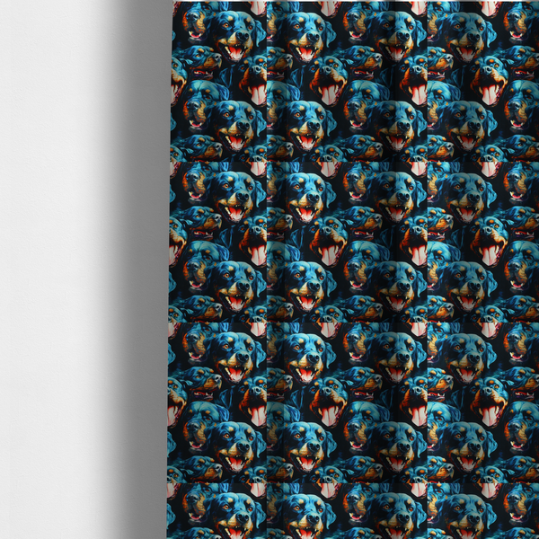The fabric used to create these made-to-measure curtains is a fabric pattern featuring a repeating, artistic illustration of smiling Rottweiler dog portraits with vibrant blue fur, tan markings, and open mouths with tongues out.   