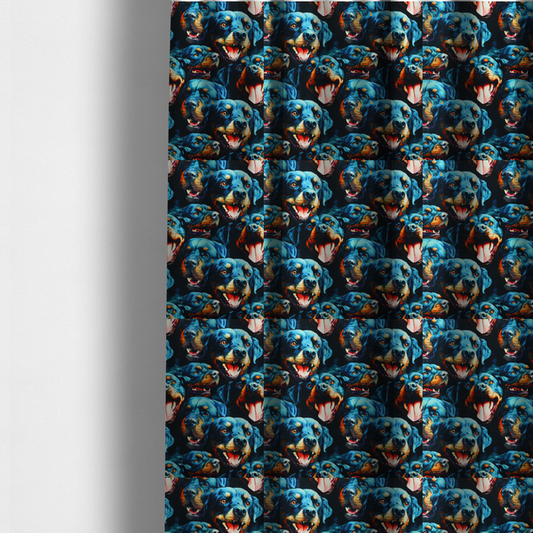 The fabric used to create these made-to-measure curtains is a fabric pattern featuring a repeating, artistic illustration of smiling Rottweiler dog portraits with vibrant blue fur, tan markings, and open mouths with tongues out.   