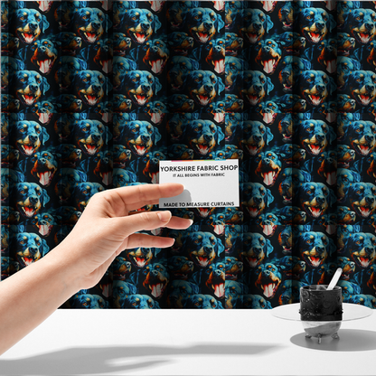 The fabric used to create these made-to-measure curtains is a fabric pattern featuring a repeating, artistic illustration of smiling Rottweiler dog portraits with vibrant blue fur, tan markings, and open mouths with tongues out.   