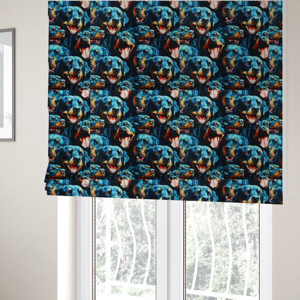 The fabric used to create these roman blinds is a fabric pattern featuring a repeating, artistic illustration of smiling Rottweiler dog portraits with vibrant blue fur, tan markings, and open mouths with tongues out.   