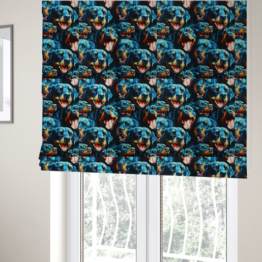 The fabric used to create these roman blinds is a fabric pattern featuring a repeating, artistic illustration of smiling Rottweiler dog portraits with vibrant blue fur, tan markings, and open mouths with tongues out.   
