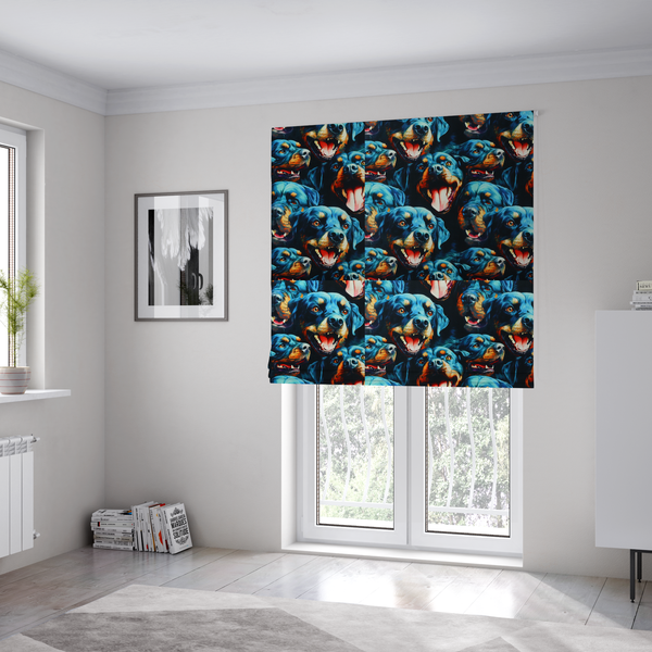 The fabric used to create these roman blinds is a fabric pattern featuring a repeating, artistic illustration of smiling Rottweiler dog portraits with vibrant blue fur, tan markings, and open mouths with tongues out.   