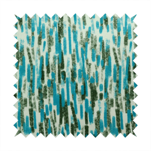 A textured abstract pattern featuring vertical brushstrokes or chalk-like marks in shades of vibrant turquoise blue and deep forest green against a light off-white or cream background.