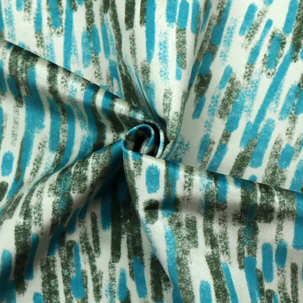 A textured abstract pattern featuring vertical brushstrokes or chalk-like marks in shades of vibrant turquoise blue and deep forest green against a light off-white or cream background.