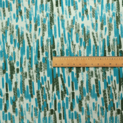 A textured abstract pattern featuring vertical brushstrokes or chalk-like marks in shades of vibrant turquoise blue and deep forest green against a light off-white or cream background.