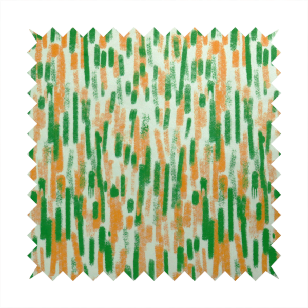 A textured abstract pattern featuring vertical brushstrokes or chalk-like marks in shades of vibrant orange and green against a light off-white or cream background.   