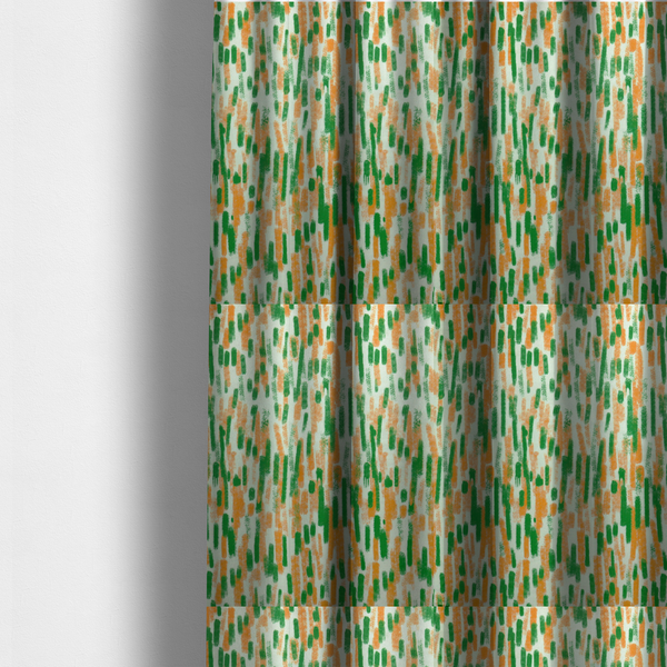 The fabric used to create these made-to-measure curtains is a textured abstract pattern featuring vertical brushstrokes or chalk-like marks in shades of vibrant orange and green against a light off-white or cream background.   